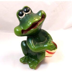 Vintage Terracotta Pottery Green Frog, dreaming Big Eyes Look Up Figure  7"